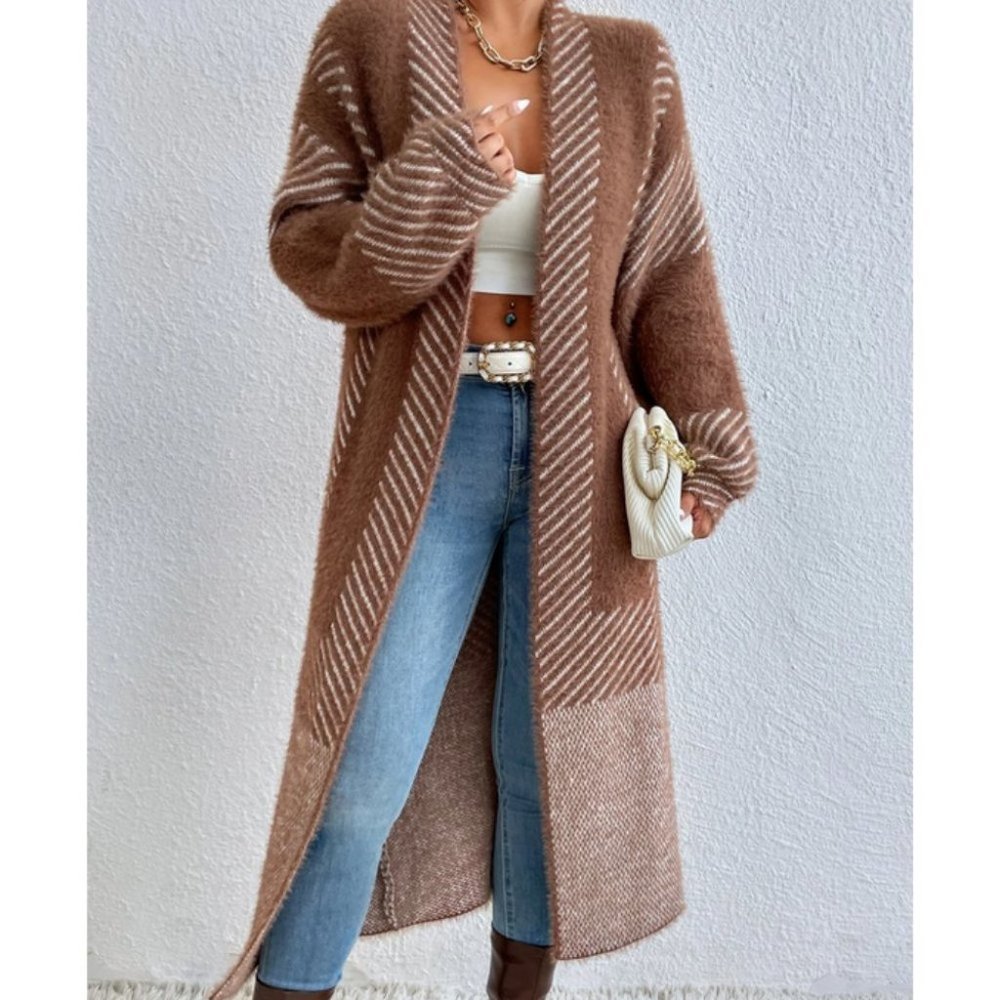 Open front striped print fuzzy sweater knit duster cardigan brown - Picture 3 of 6